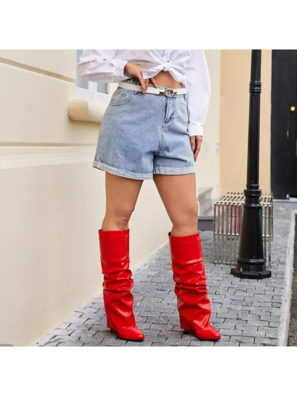 Women's Red Rubber Fold Over Knee High Wedge Pointed Toe Pull-On Boots